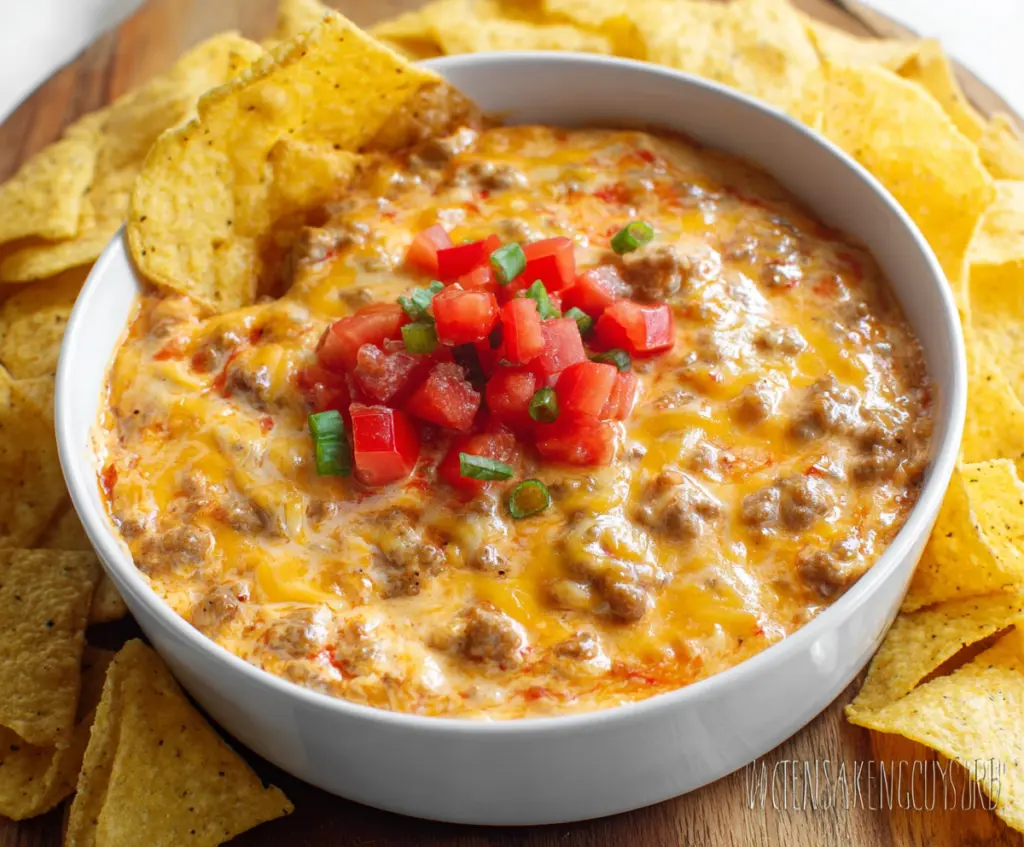 Creamy cheesy sausage Rotel dip served in a bowl, perfect for parties and gatherings.