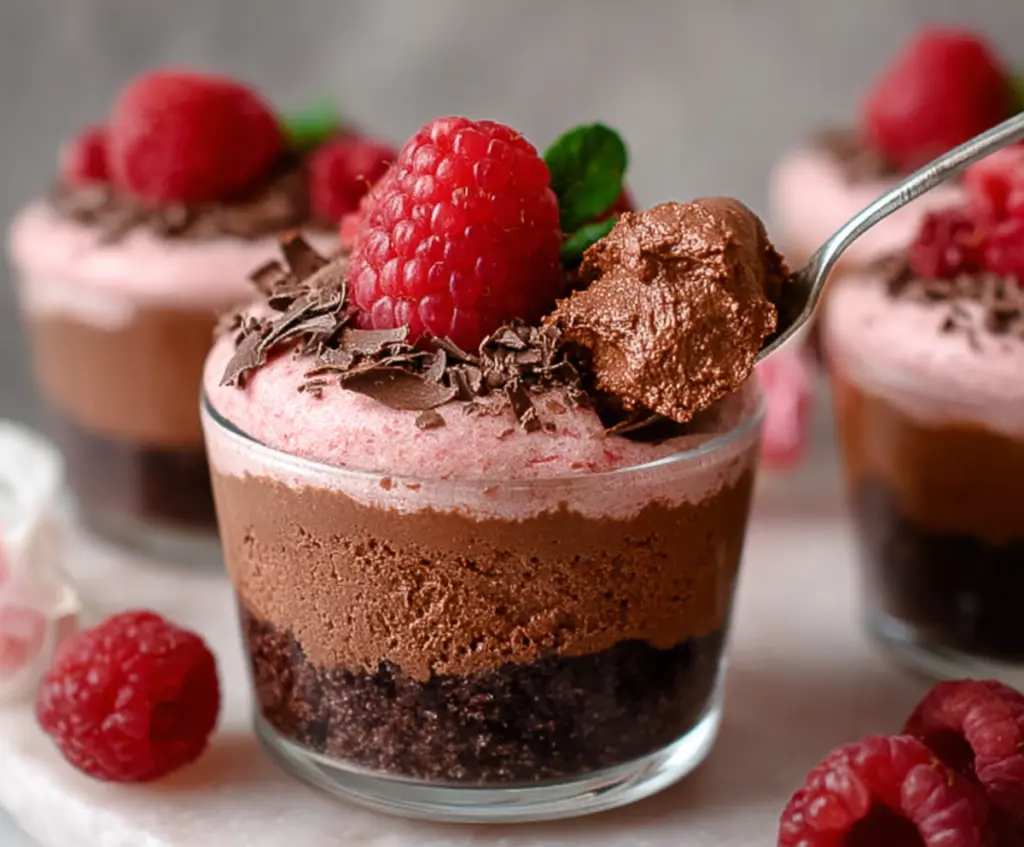 Delicious chocolate raspberry mousse served in elegant cups, perfect for dessert lovers.