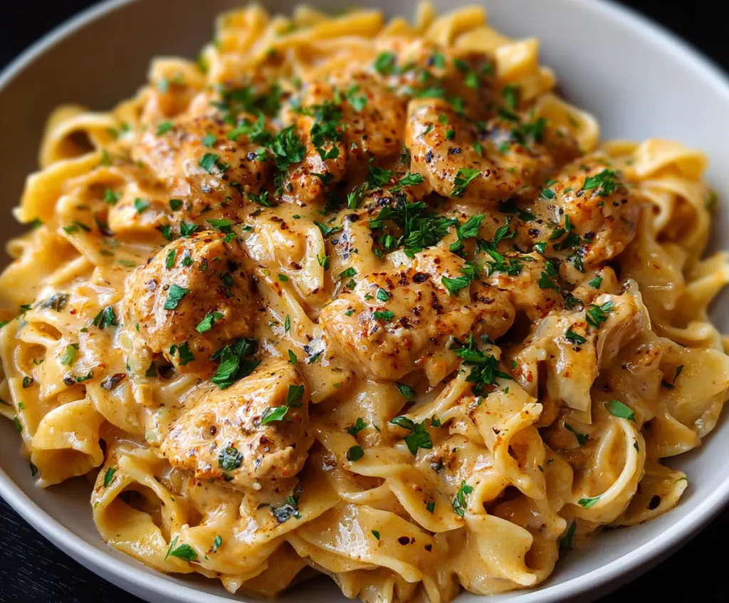 Creamy Cowboy Butter Chicken Pasta with herbs and spices, served in a rustic bowl.