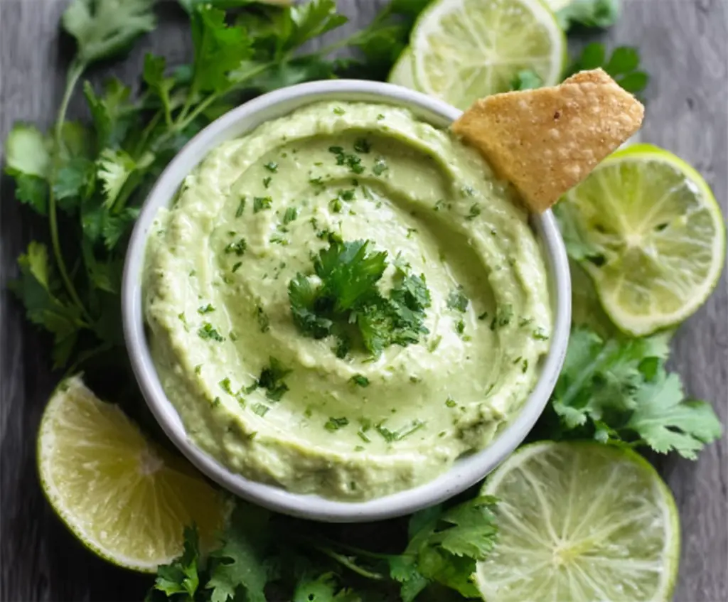 Creamy avocado cilantro lime dip served in a bowl with fresh cilantro garnish.