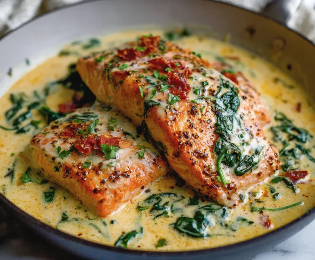 Creamy Tuscan Salmon served with fresh herbs and a rich, flavorful sauce