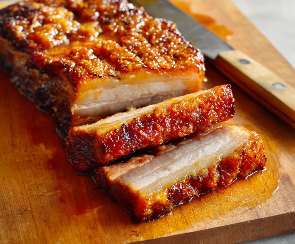 Delicious crispy pork belly served with a golden, crunchy skin and tender meat.