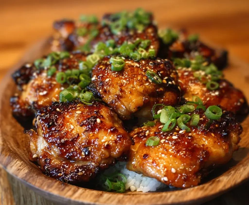Juicy soy garlic chicken thighs cooked to perfection on a plate, garnished with fresh herbs.