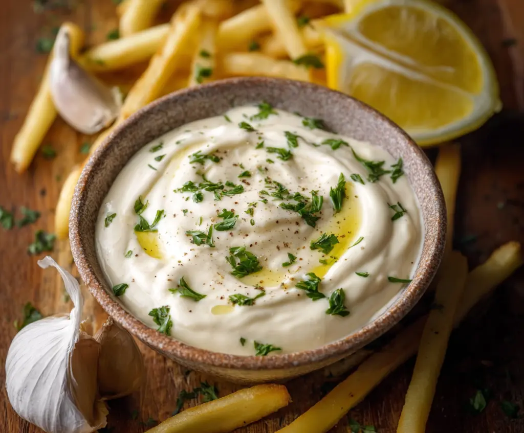 Creamy garlic aioli sauce in a bowl, perfect for dipping and spreading on sandwiches.