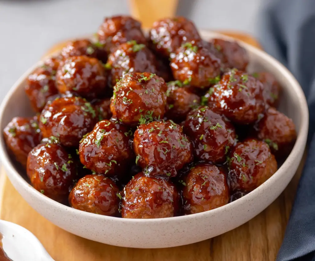 Delicious homemade grape jelly meatballs served on a plate, perfect for entertaining or dinner.