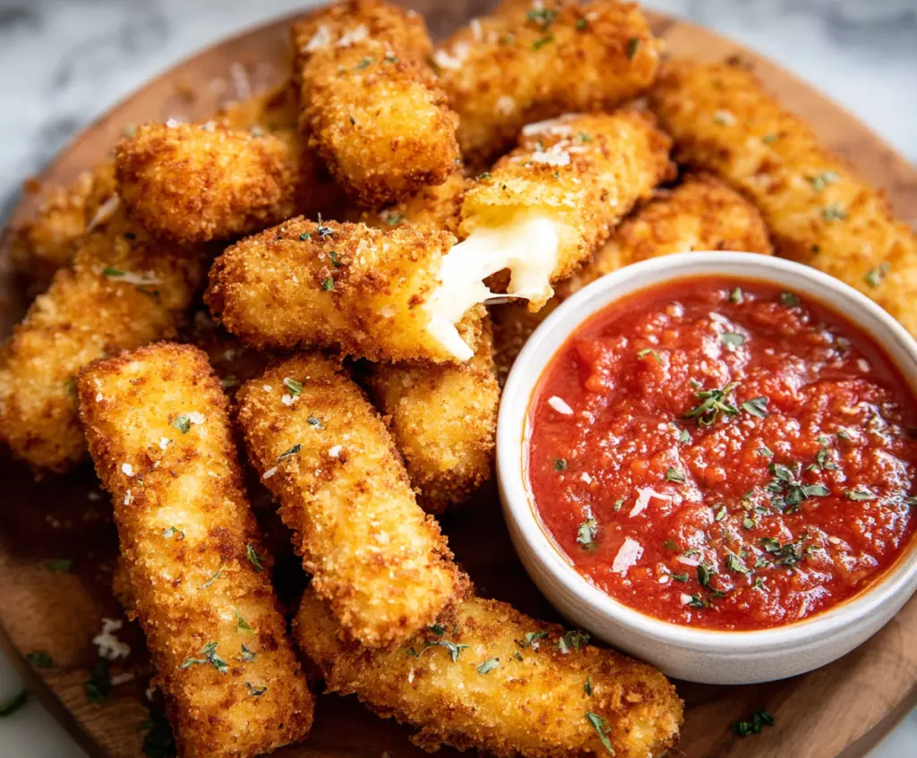 Golden-brown homemade mozzarella sticks served with marinara sauce on a white plate.