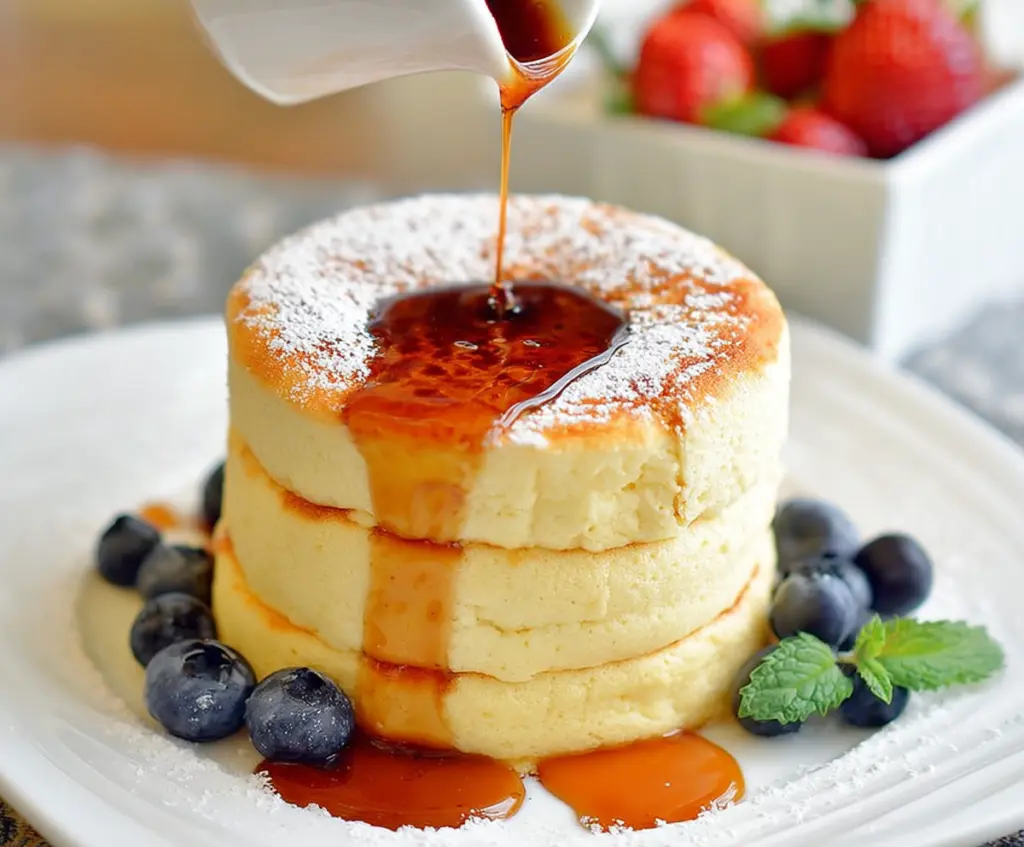 Delicious fluffy Japanese soufflé pancakes stacked with syrup and fresh berries.
