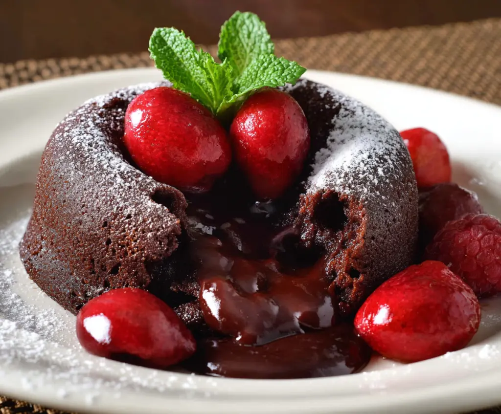 Delicious molten chocolate lava cake with gooey center served on a plate