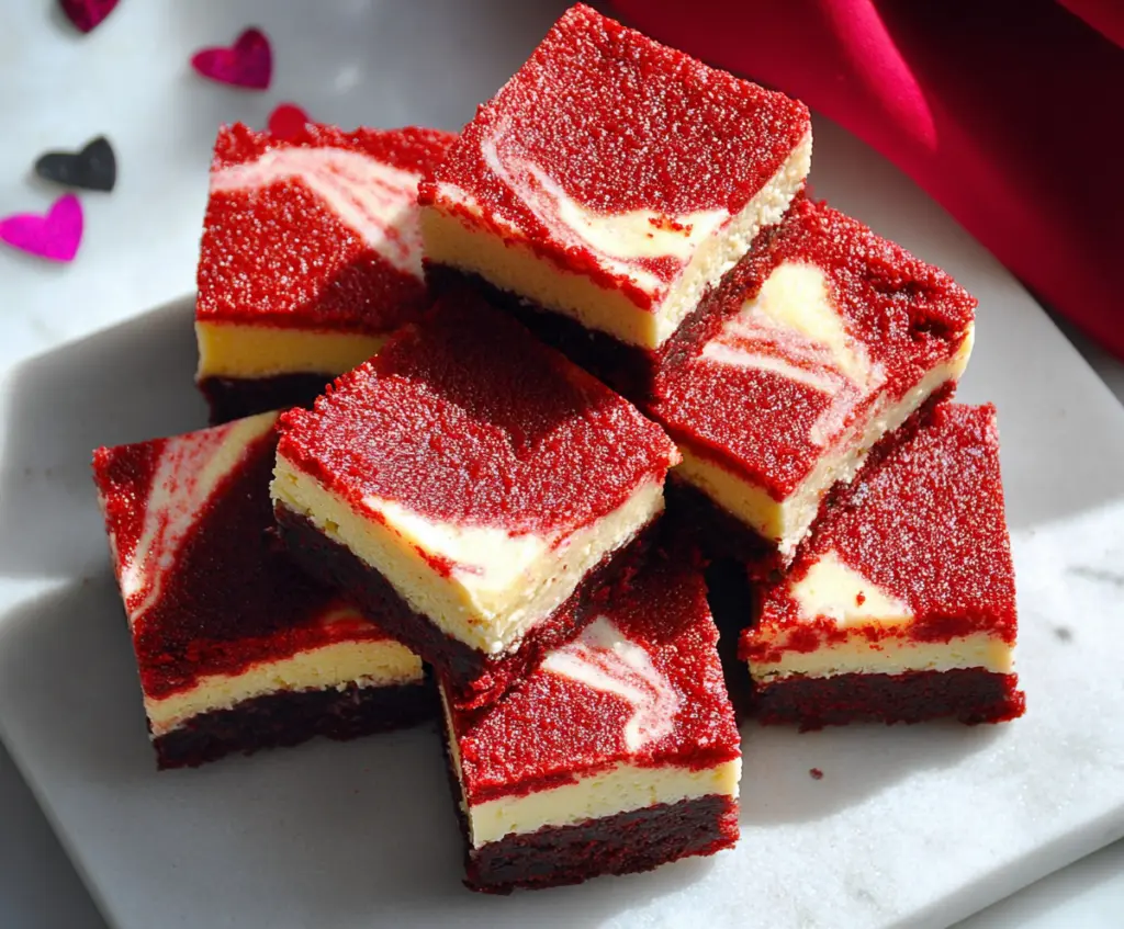 Delicious Red Velvet Cheesecake Bars with creamy topping and rich red velvet flavor