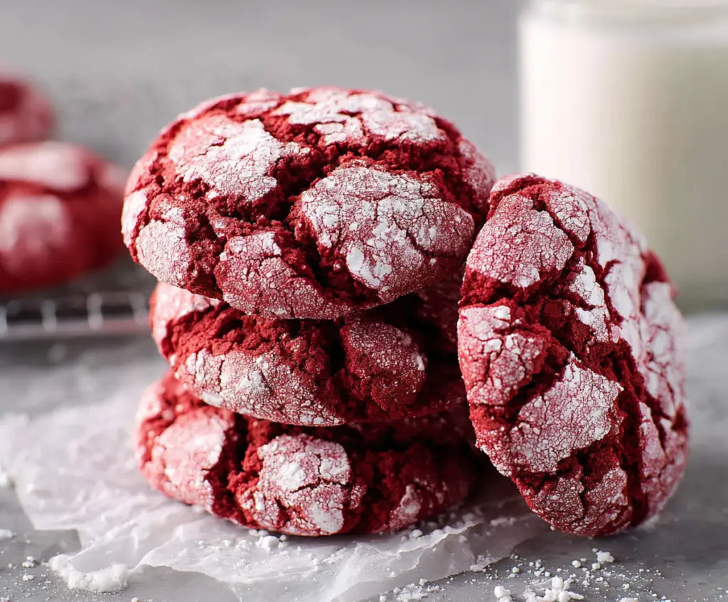 Delicious Red Velvet Crinkle Cookies with powdered sugar coating, perfect for holidays and special occasions.