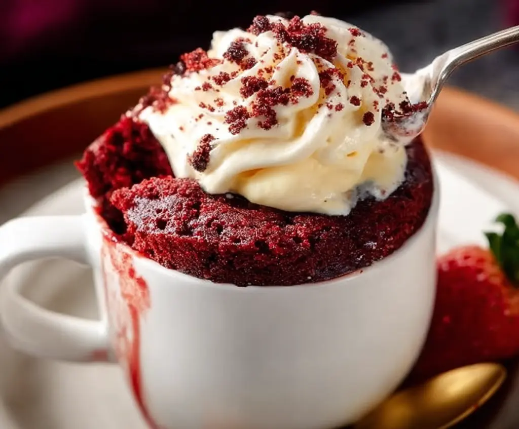 Delicious red velvet mug cake topped with cream cheese frosting in a cozy kitchen setting