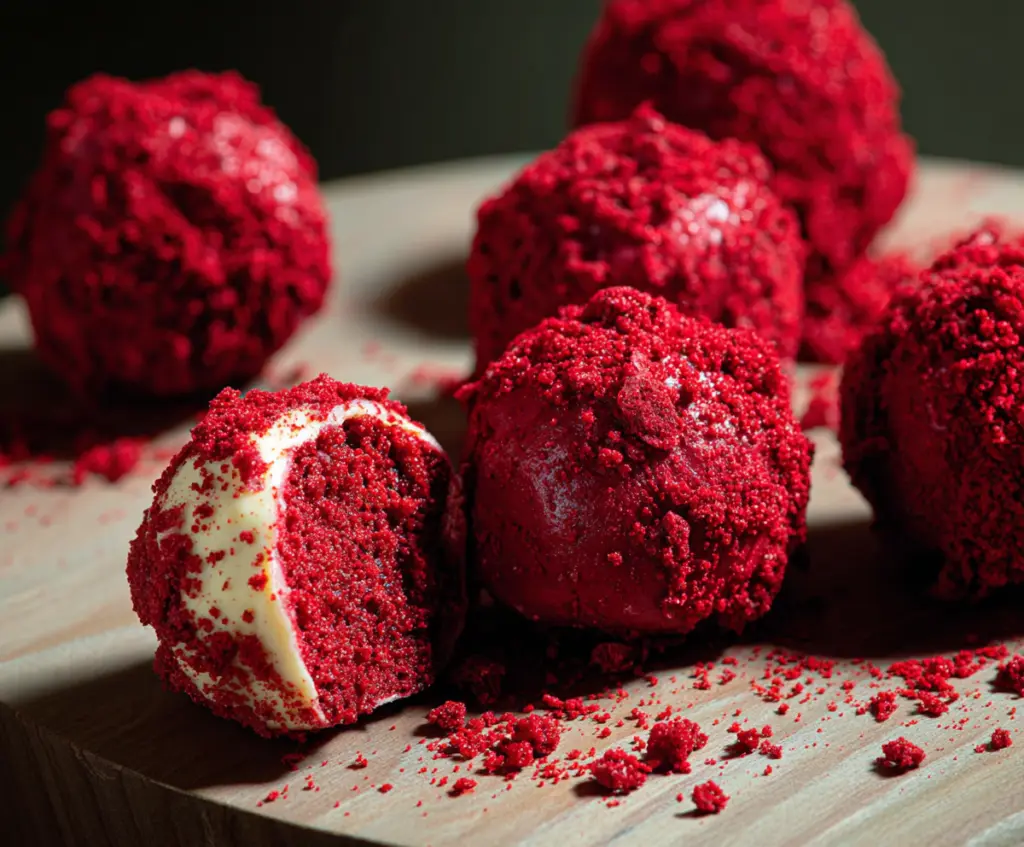 Delicious red velvet truffles coated in rich chocolate, perfect for celebrations.