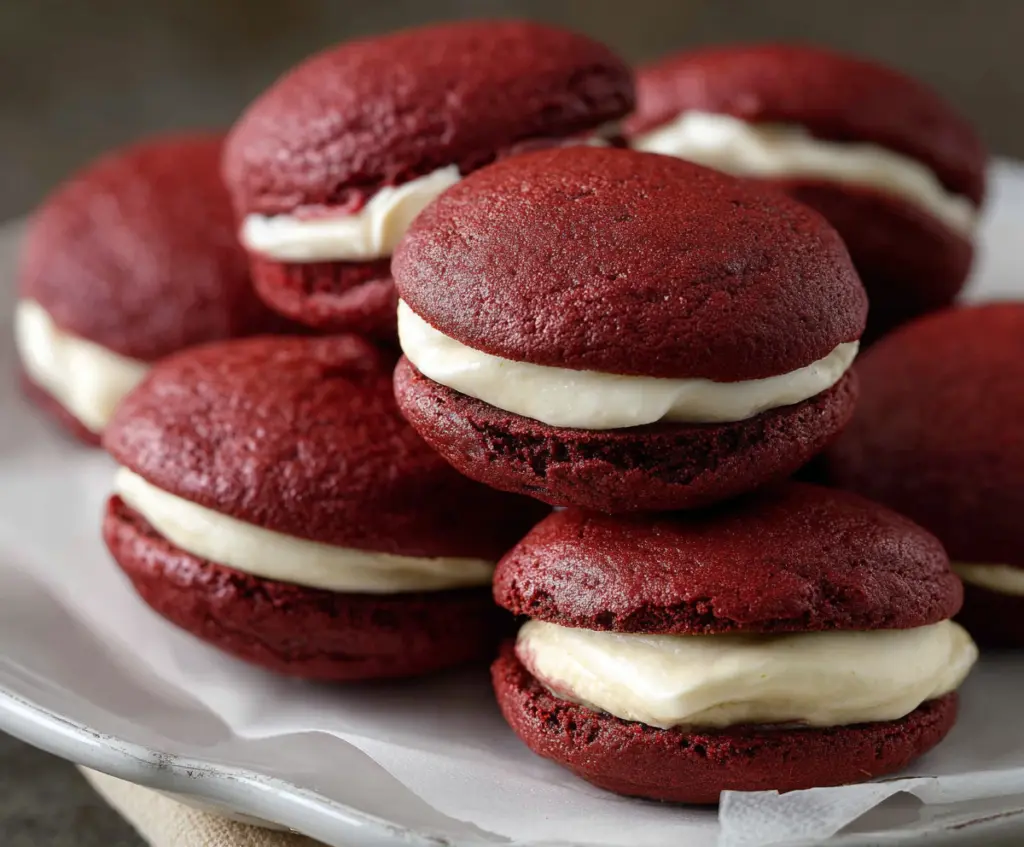 Delicious Red Velvet Whoopie Pies with creamy filling, perfect for dessert lovers