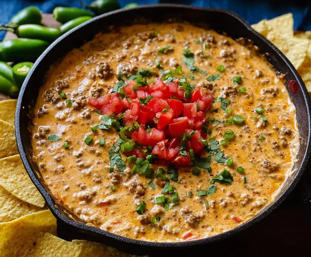 Delicious Rotel dip with seasoned ground beef served in a bowl, perfect for parties and snacks.