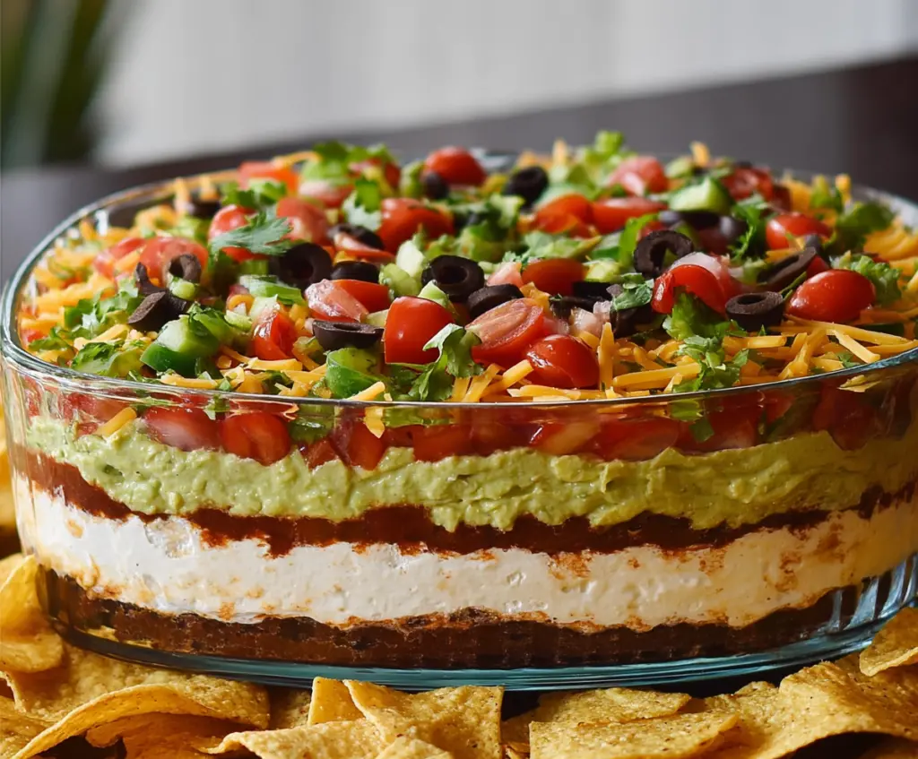 Delicious seven layer dip with colorful ingredients including guacamole sour cream salsa and shredded cheese.