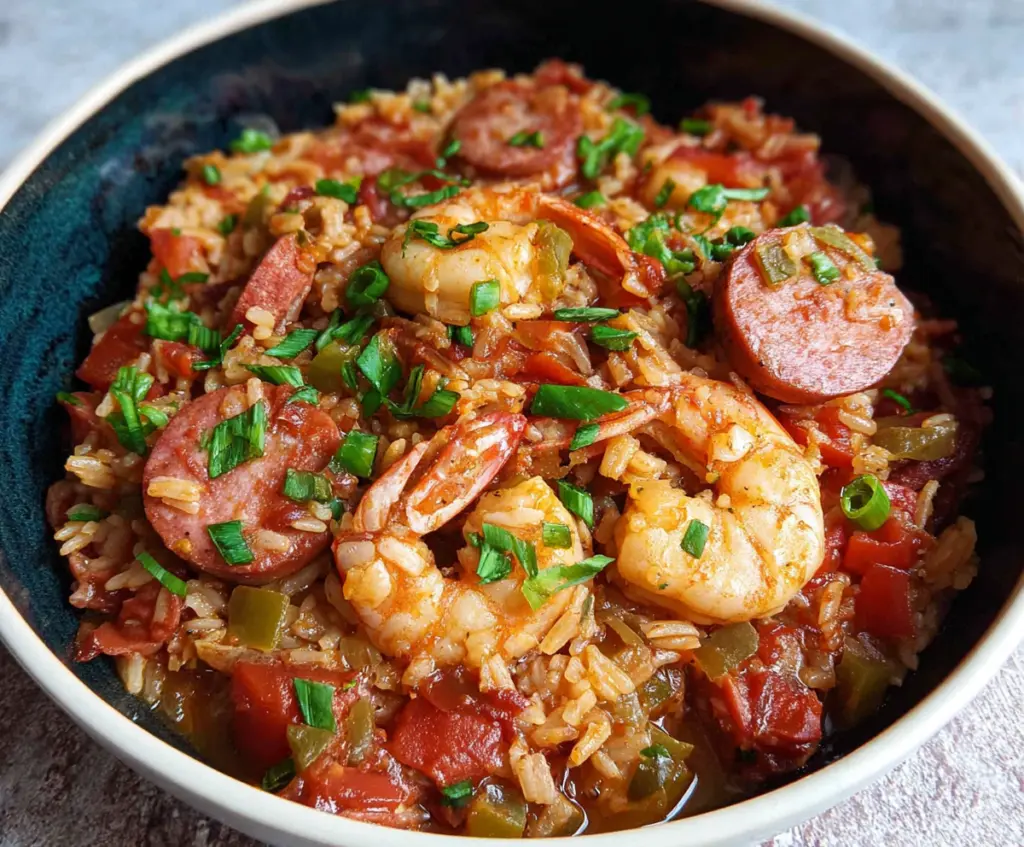 Delicious homemade Slow Cooker Jambalaya with shrimp, sausage, and vegetables in a flavorful stew.