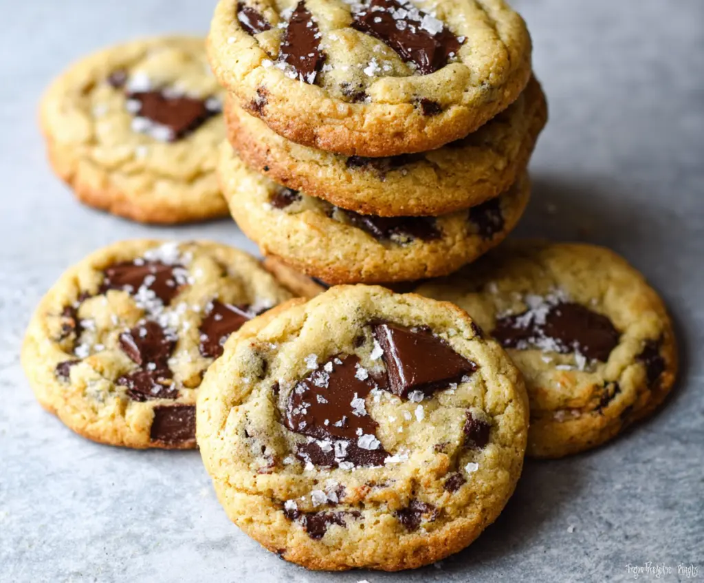 Delicious sourdough discard chocolate chip cookies fresh out of the oven with melted chocolate chips.