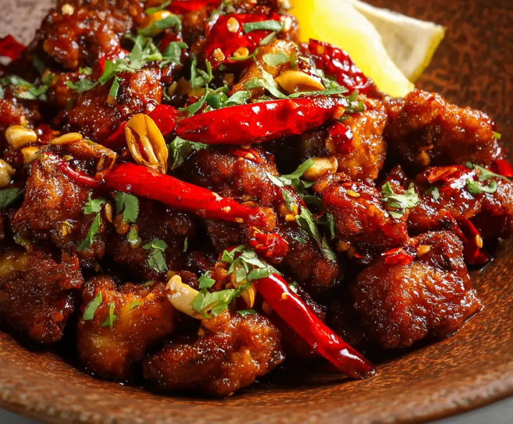 Delicious Spicy Dragon Chicken dish garnished with fresh herbs and served on a white plate.
