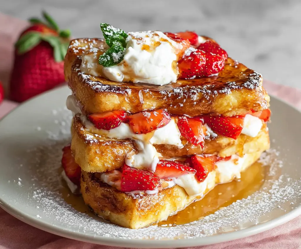 Delicious strawberries and cream French toast served on a plate, topped with fresh strawberries and whipped cream.