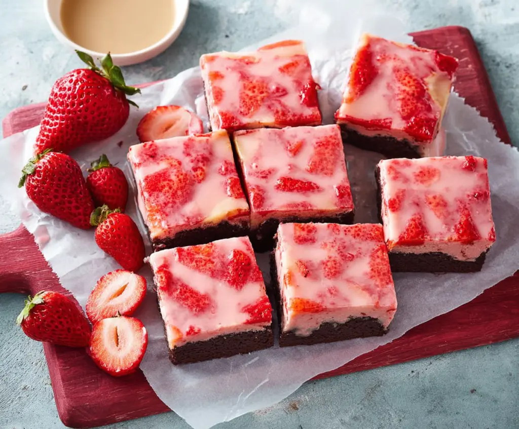 Delicious homemade strawberry brownies with fresh strawberries and rich chocolate for dessert