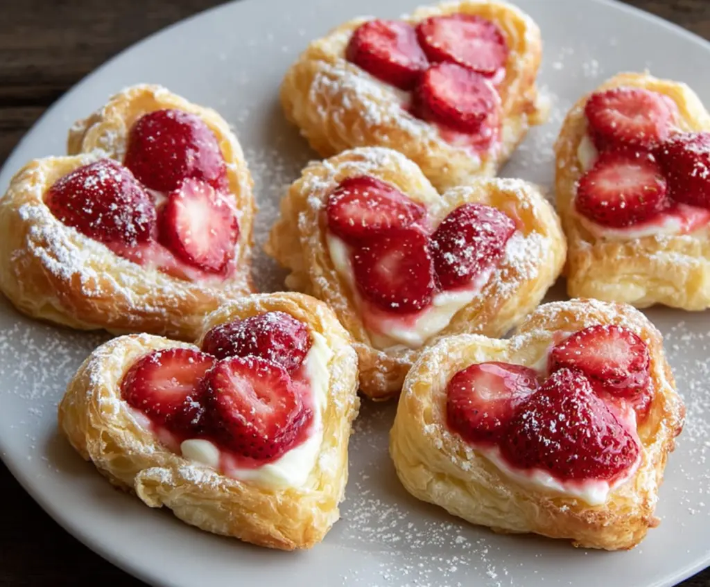 Delicious Strawberry Cream Cheese Heart Puffs with fresh strawberries and creamy filling on a plate.