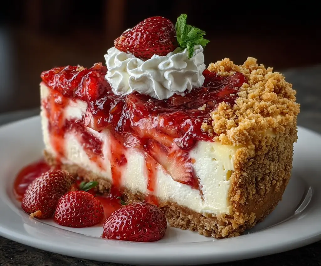 Delicious Strawberry Crunch Cheesecake topped with fresh strawberries and crunchy biscuit crumbs.