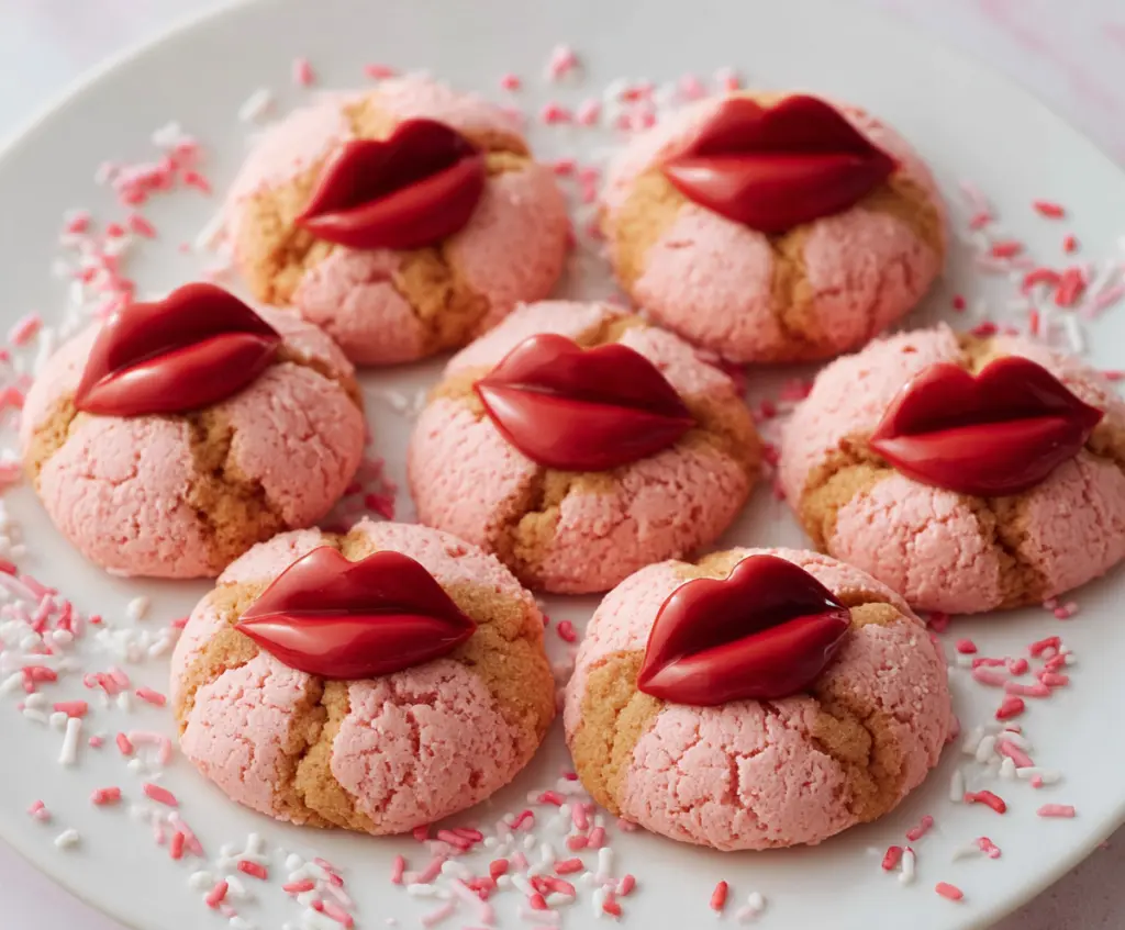 Delicious Strawberry Kiss Cookies with pink icing and sprinkles on a white plate.