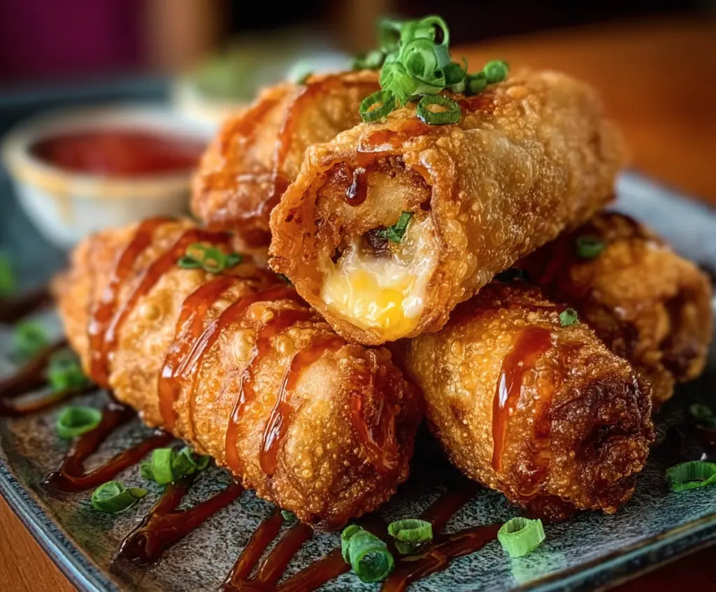 Crispy Voodoo Egg Rolls filled with flavorful ingredients, served with dipping sauce.