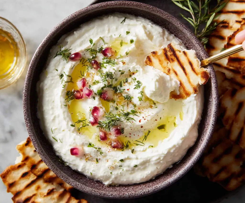 Creamy whipped ricotta dip served with fresh herbs and pita chips, perfect for appetizers