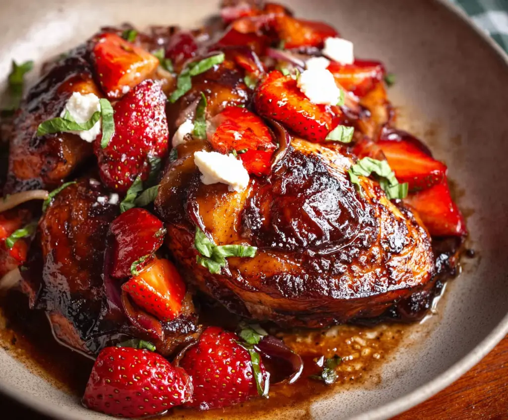 Delicious balsamic glazed chicken served with fresh strawberries on a white plate.