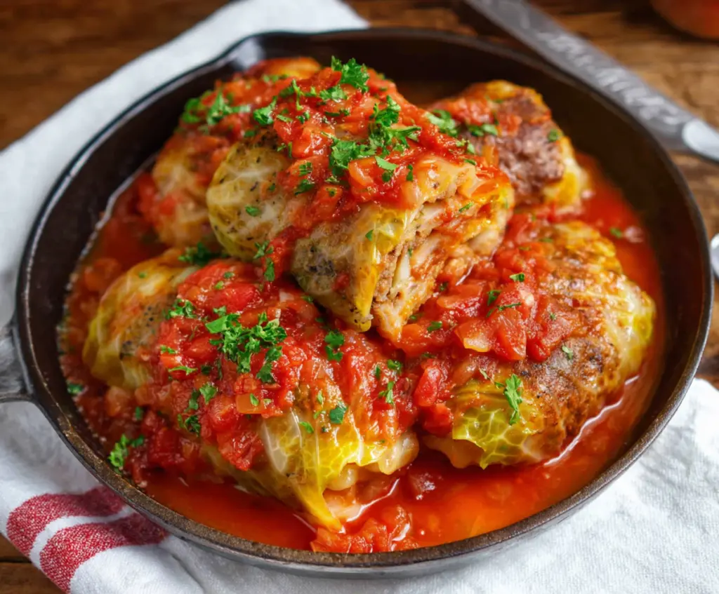 Delicious homemade cabbage rolls filled with seasoned ground meat and rice, baked to perfection.