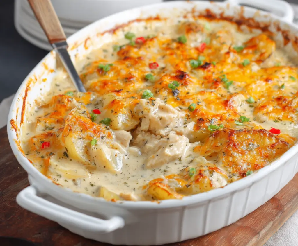 Delicious cheesy chicken and potato bake topped with melted cheese and herbs