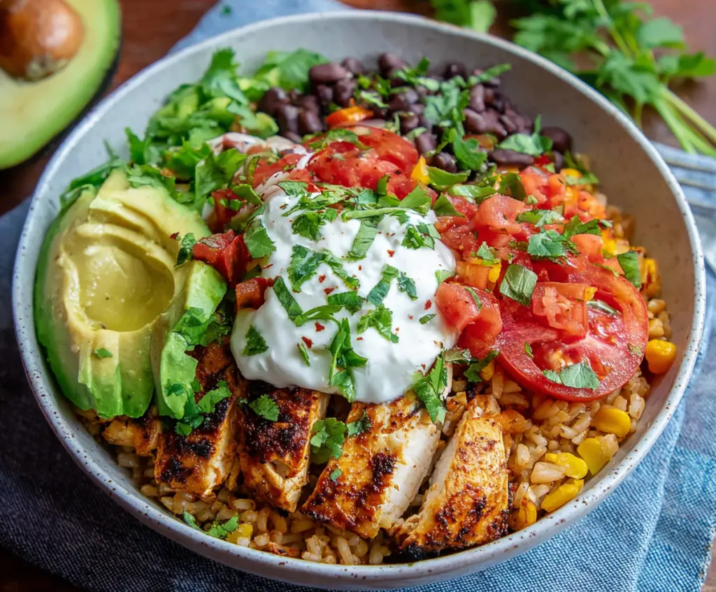 Delicious chicken burrito bowls with fresh vegetables, rice, and flavorful toppings ready to serve.