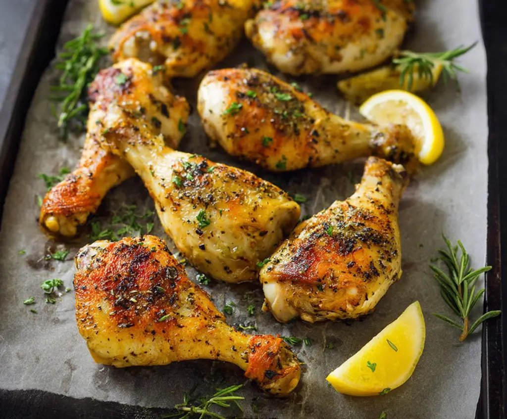 Juicy oven-baked chicken drumsticks with crispy skin and herbs on a rustic wooden table.