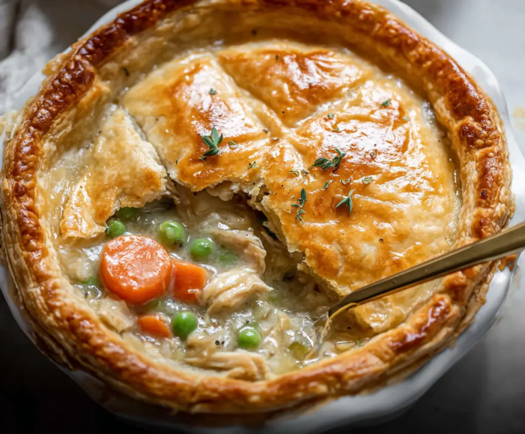 Delicious homemade chicken pot pie with golden crust and hearty filling
