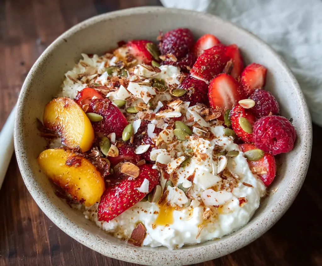 Creamy cottage cheese breakfast bowl topped with fresh fruits and nuts, healthy start to your morning.