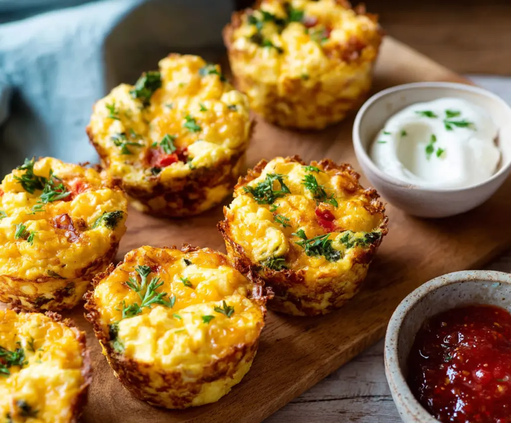 Healthy cottage cheese breakfast muffins with fresh ingredients on a wooden table.