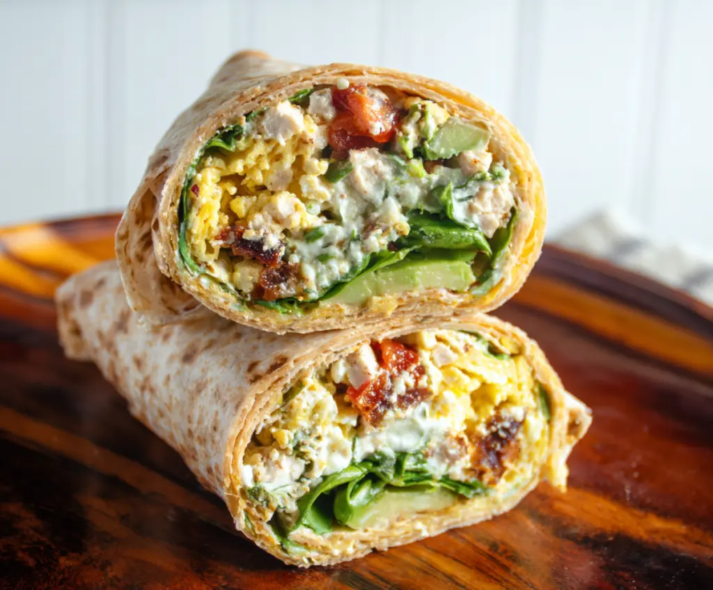 Healthy Cottage Cheese Breakfast Wrap in a Whole Wheat Tortilla with Fresh Vegetables