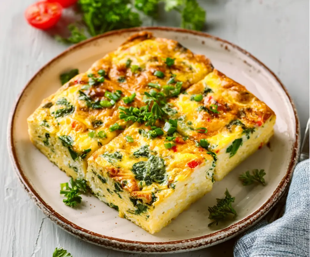 Delicious Cottage Cheese Egg Bake in a baking dish, topped with herbs and served for breakfast.