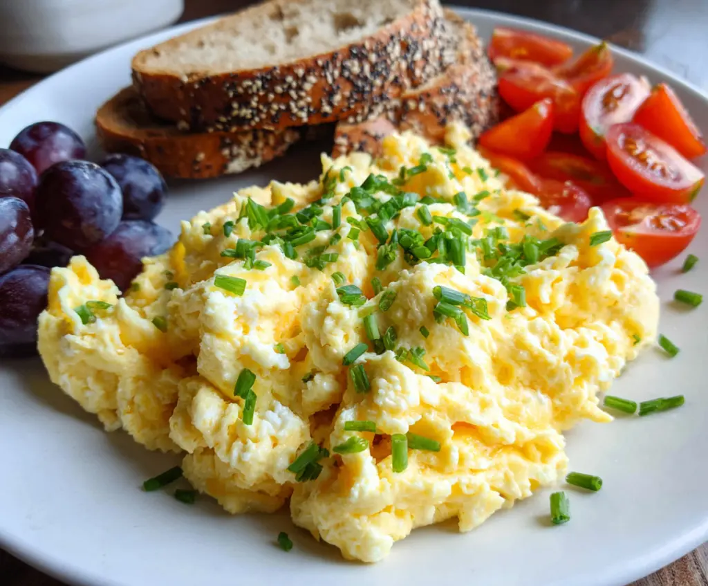 Healthy cottage cheese scrambled eggs served on a plate for a nutritious breakfast.