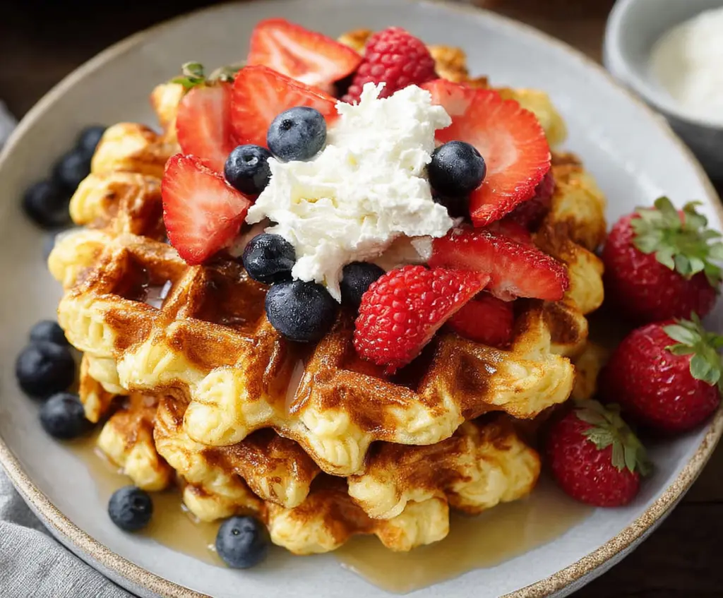 Delicious homemade cottage cheese waffles served with fresh fruits and syrup.