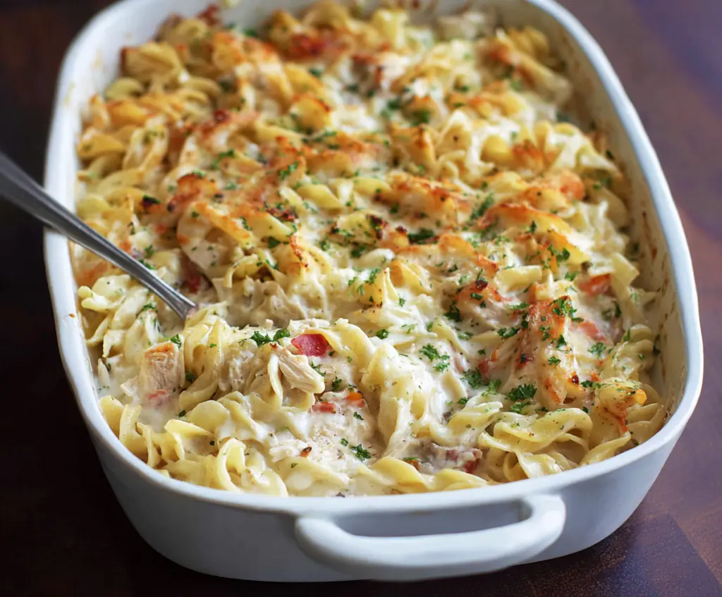 Creamy Chicken Noodle Casserole in a baking dish topped with melted cheese and fresh herbs.