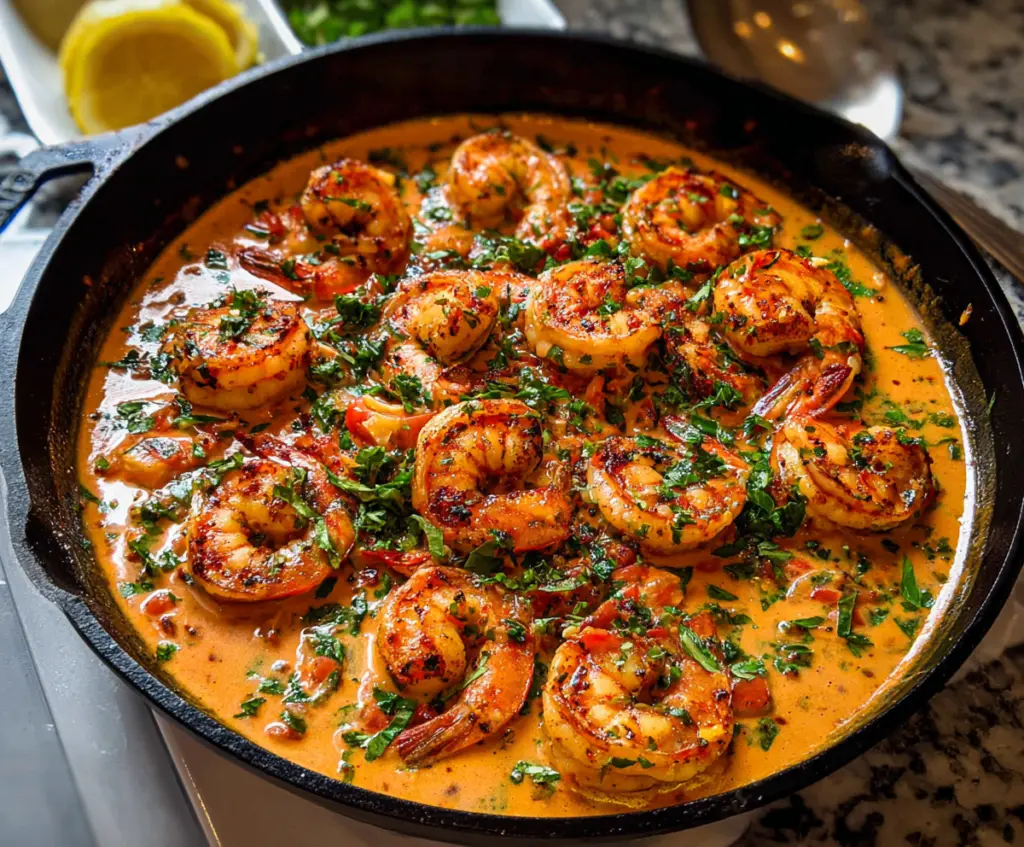 Creamy garlic and paprika shrimp skillet garnished with fresh herbs on a white plate