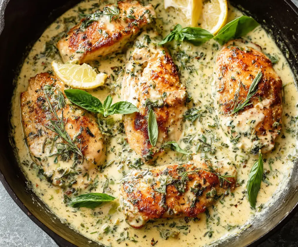 Delicious creamy herb chicken served on a white plate with fresh herbs garnishing the dish.
