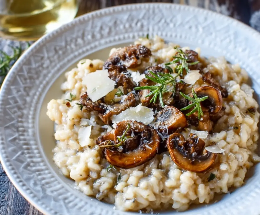 Creamy mushroom risotto served in a romantic dinner setting for two, featuring rich textures and mouthwatering presentation.