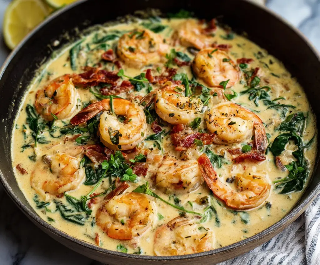 Creamy Tuscan Shrimp served in a white bowl garnished with fresh herbs and cherry tomatoes