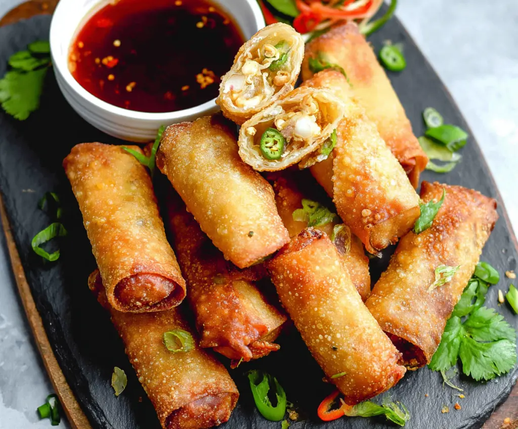 Crispy spring rolls served with dipping sauce on a plate, golden and crunchy snack food.