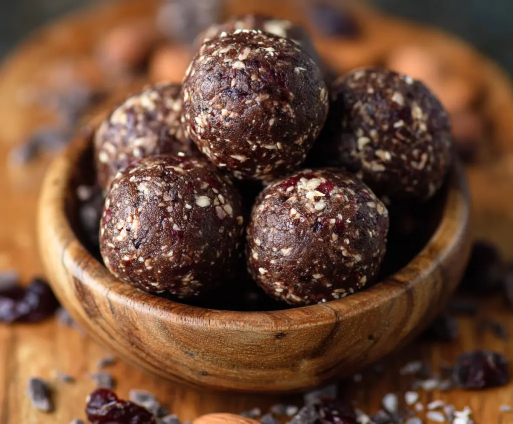 Healthy dark chocolate energy bites with oats and nuts for a nutritious snack.