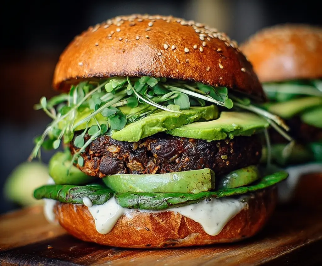 Delicious Green Goddess Black Bean Burger topped with fresh greens and vibrant herbs, perfect for a healthy plant-based meal.