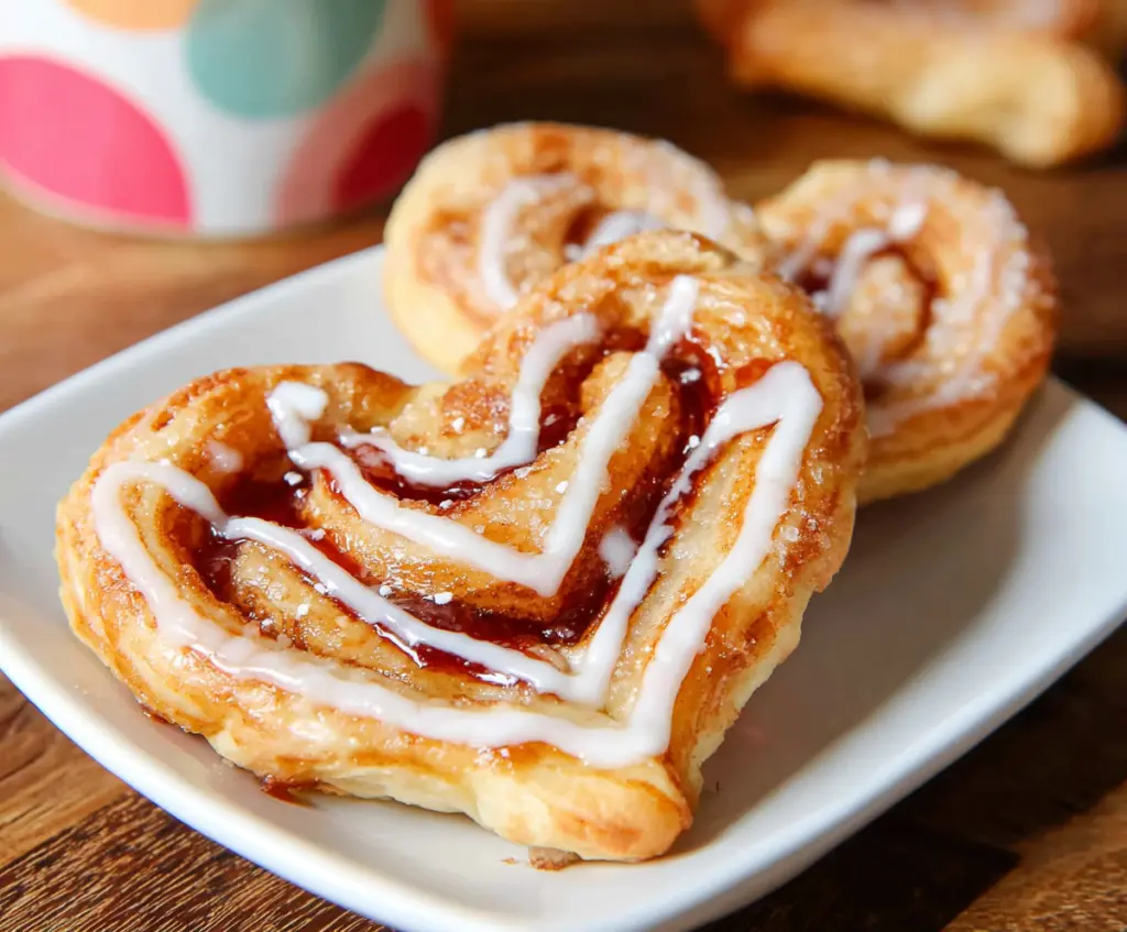 Delicious heart-shaped cinnamon rolls freshly baked with swirled cinnamon filling.